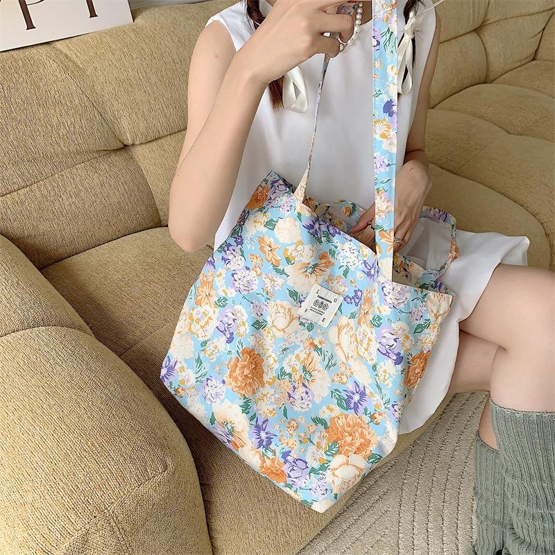 1 Spring and summer new flower cotton shoulder bag large capacity tote bag female portable student shopping bag