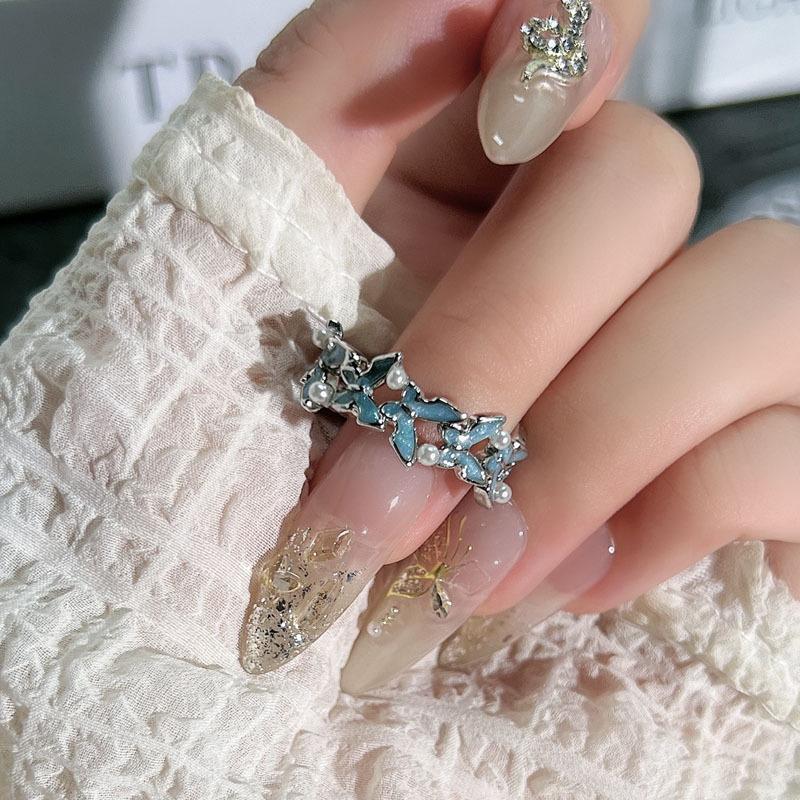 2026 Blue Butterfly Secret Language Fairy Wind Blues Butterfly Flower Cluster Stacked Wearing Fashion Open Ring Female Simple Trend Personality Ring Resizable