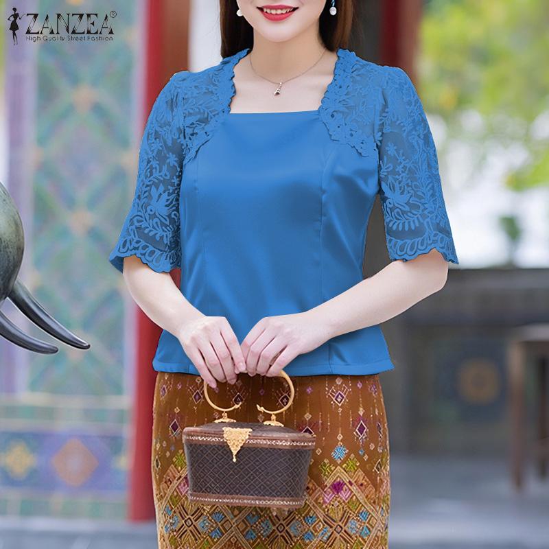 ZANZEA Women Square Neck Casual Lace Splice Half Sleeve Satin Blouse