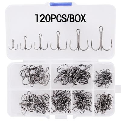 120/50 peças/Lote Conjunto de Anzóis Triplos de Pesca em Caixa Aço Alto Carbono Anzóis Farpados Material de Pesca Preto/Prata/Vermelho Anzol