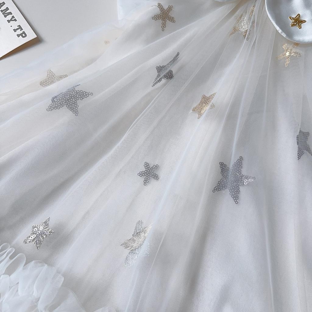Summer Girls Princess Dress With Puff Sleeves Star Sequins Tulle Skirt Cute Party Gown For Kids