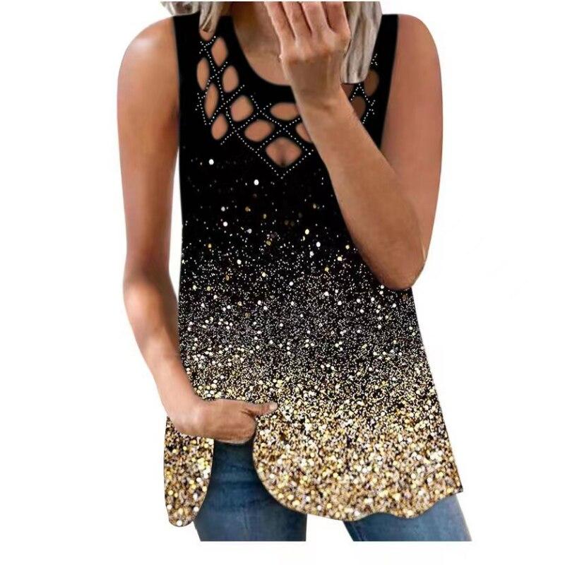 

Летняя сексуальная модная повседневная майка, свободный жилет без рукавов, футболка с круглым вырезом и принтом для женщин, винтажный элегантный топ Blusas 25999 XXL золотой