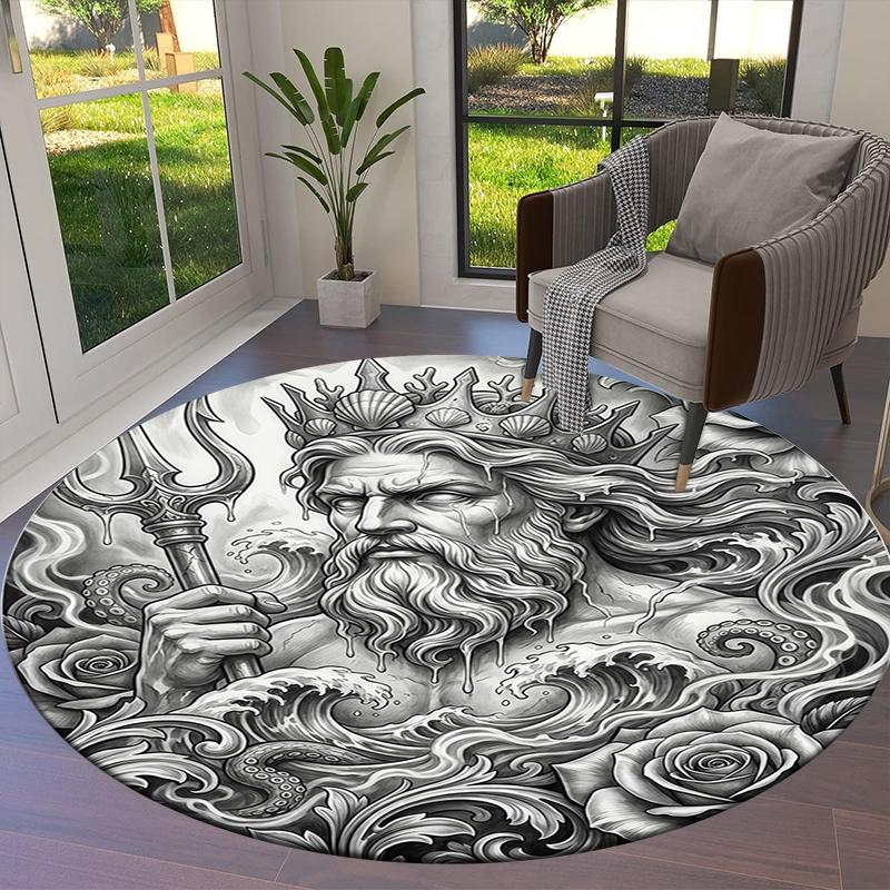 Sketch Truck Whale Poseidon Skeleton Round Area Rug,Carpet Rug for Living Room Bedroom Sofa Playroom Decor,Non-slip Floor Mat
