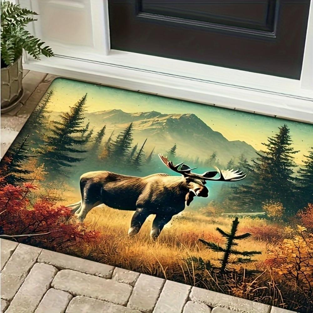 Elk Pattern Doormat, Rustic-Style Non-Slip Low-Pile Rug, Suitable for Porches, Gardens, and Outdoor Use