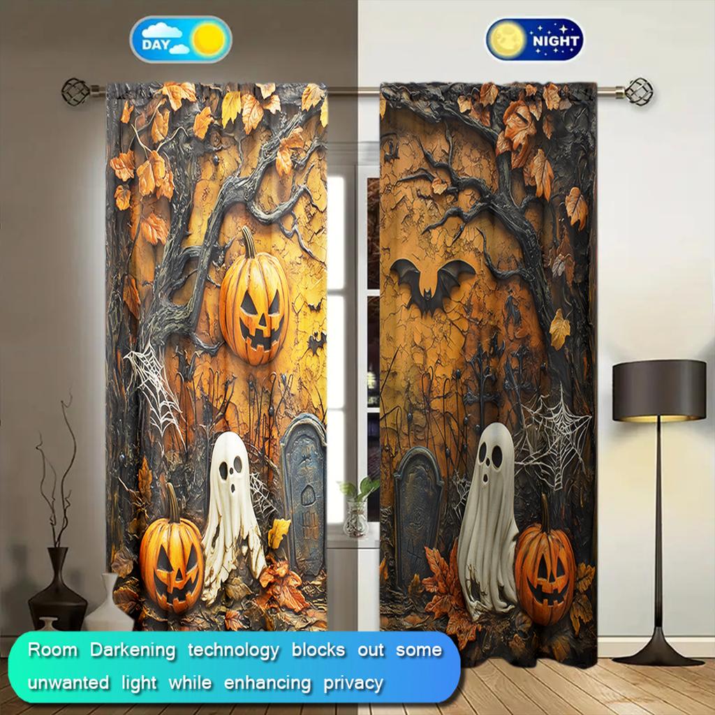 2pcs Pumpkin Cemetery Ghost Printed Curtain for Halloween Home Decor - Rod Pocket Window Treatment for Bedroom, Office, Kitchen