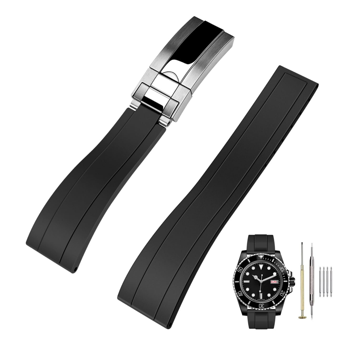 [Kai Tian] 22mm Silicone Watch Band, FKM Black Rubber Band with Stainless Steel Folding Buckle, Unisex