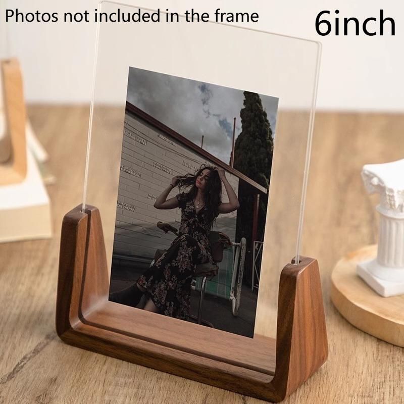 Modern U Shaped Acrylic Photo Frame Walnut/Beech Base Transparent Desktop Decor for Home Office Photo Display Gift