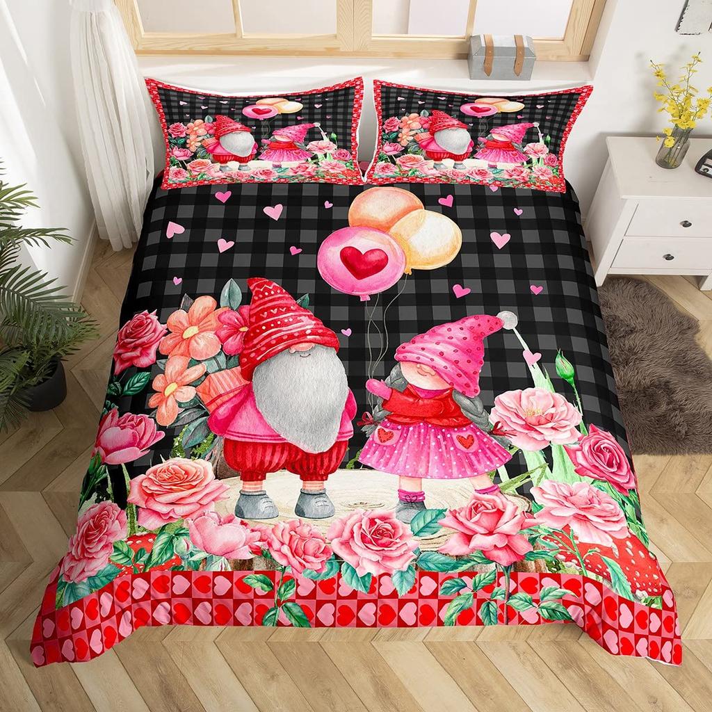 Valentines Day King Duvet Cover Romantic Bedding Set Kawaii Couple Gnome Comforter Cover Pink Rose Hearts Polyester Quilt Cover