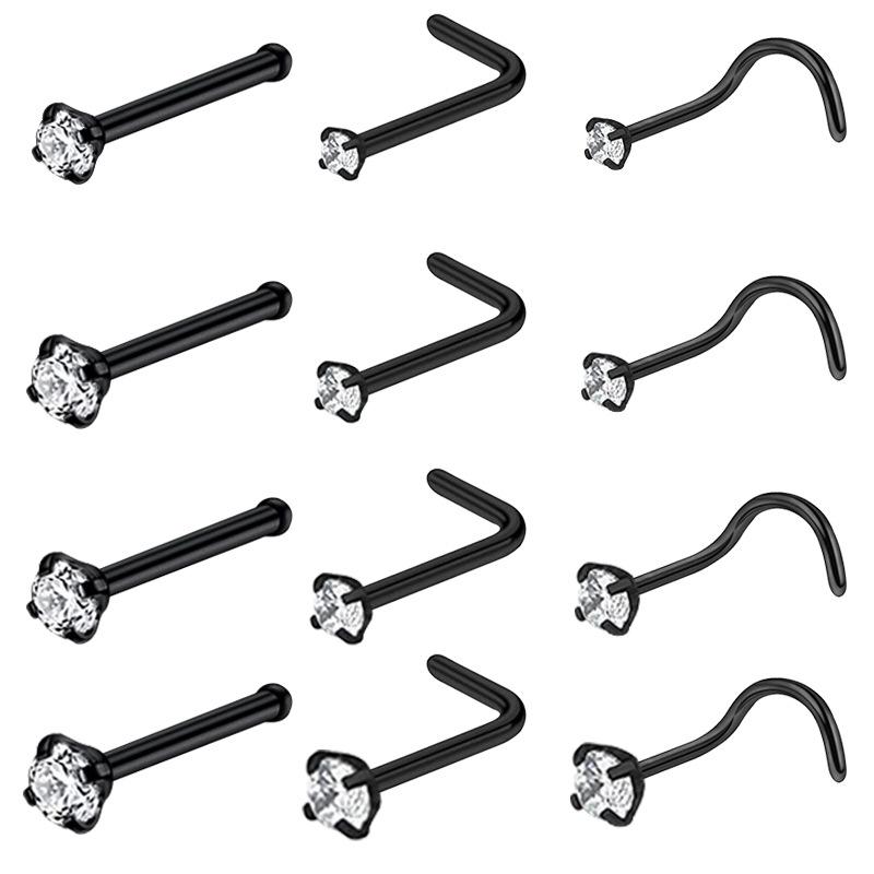 Zircon Stainless Steel Nose Stud & Nose Ring Set: 12 Style Options - Straight, Curved, L-Shaped Bars, and Combo Packs
