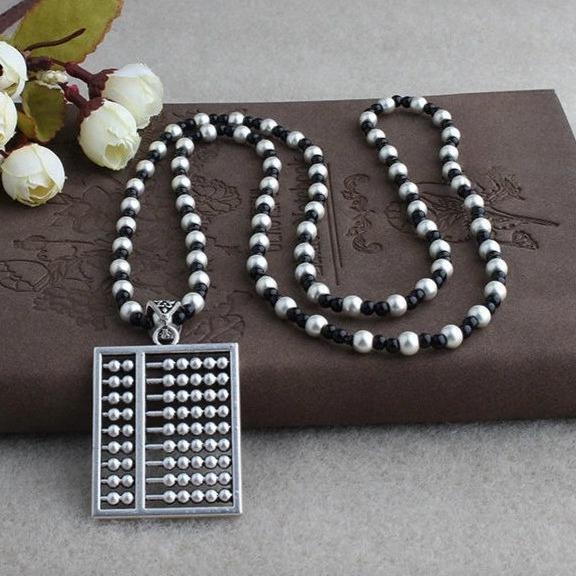 Collier Pendentif Cadenas de la Paix Argent Rétro - Chaîne Longue pour Pull pour Femme à Quatre Faces Richesse de Style National