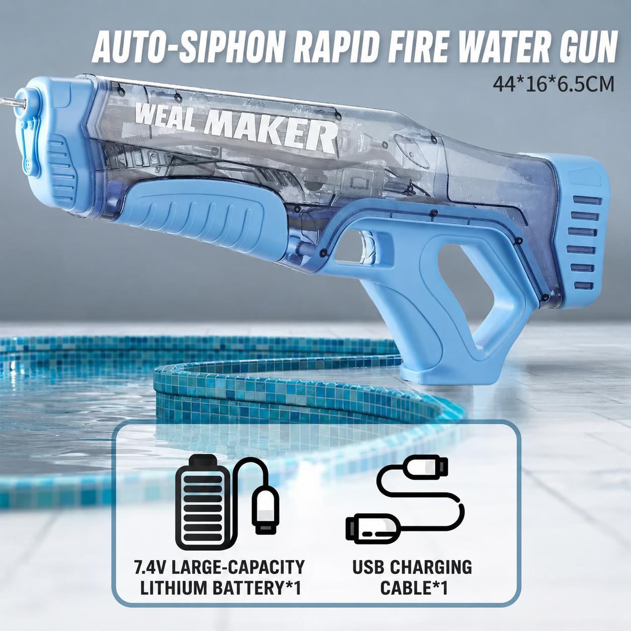 Large Electric Rapid-fire Water Gun Automatic Water Suction Spray High Pressure Large Capacity Water Play Toy синий