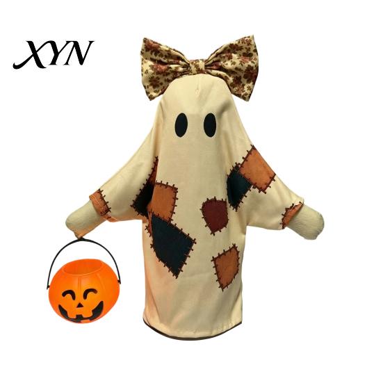 Farmhouse Style Fall Accents Lighted Vintage Patchwork Ghost, LED Light Ghost with Pumpkin Lantern Halloween Decor, Up Ghosts Lamp, Rustic Figurine