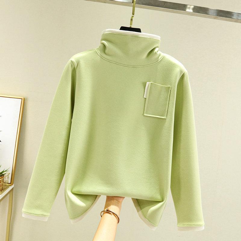 German Velvet Women's Half Turtleneck Pocket Top - Thick, Warm, Slimming, and Versatile Two-In-One for Autumn/Winter.