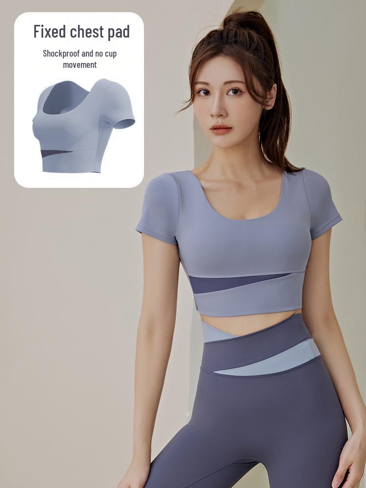 Nude Feel Women's Colorblock Yoga Set - Short Sleeve Crop Top & Hip Lifting Running Shorts for Spring/Summer Fitness