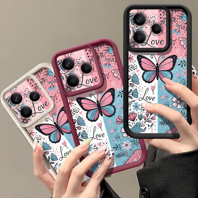 Blue Pink Butterfly Floral Pattern Case For Xiaomi 14T 13T 11T Pro Funda Redmi Note 14 13 Pro 5G 4G 12 11 Shockproof Bumper Silicone Cover