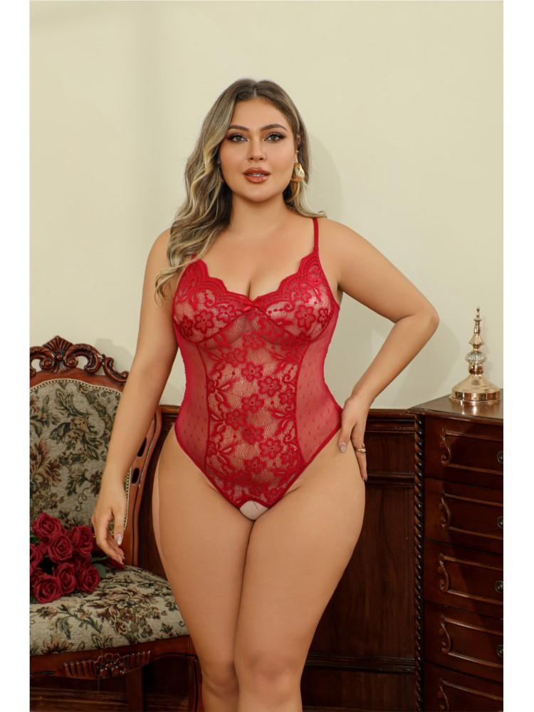 Red Plus Size Thin Underwear Crotchless Teddies Bodysuit Sexy Backless Babydoll Bold Lingerie Women Sex Outfit Erotic Costumes