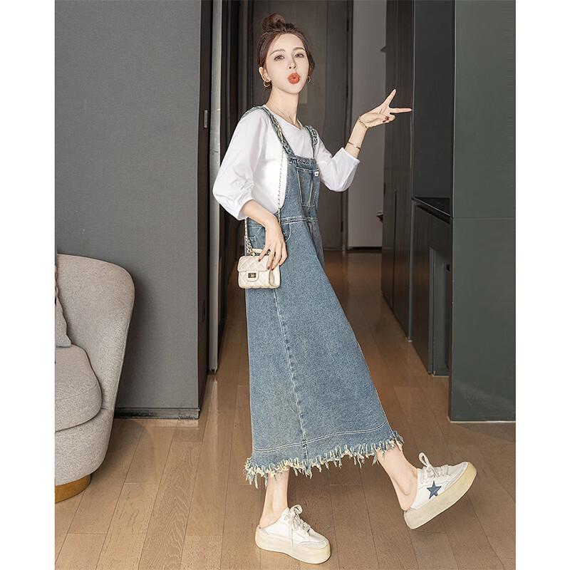 SIBASHE Women's Washed Denim Pinafore Midi Dress