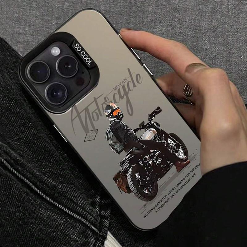 Case For iPhone 14 Motorcycle Pattern Laser Phone Case For iPhone 15 13 12 11 Pro Max X XR XS 7 8 Plus Plating Matte Back Cover