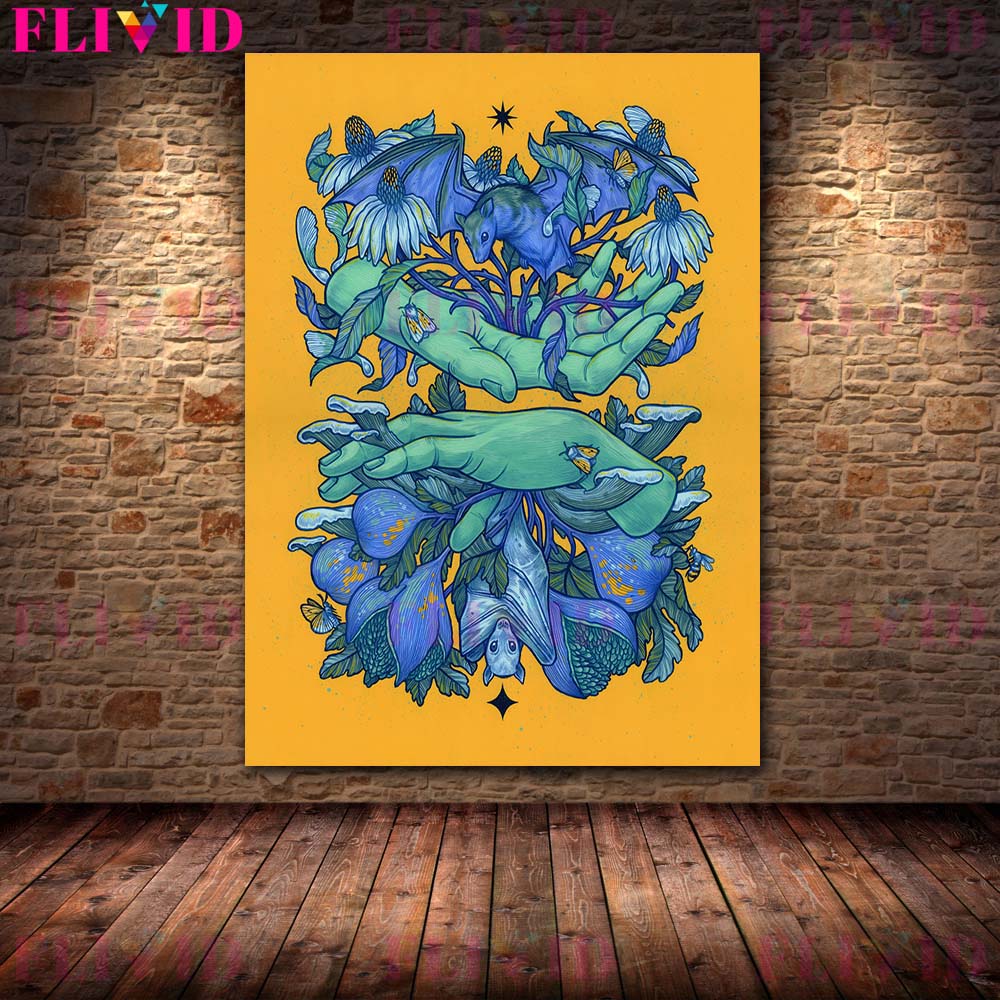 Skeletons,Flowers & Mysterious Animals Vintage Wall Art Canvas Painting Bat Opossum,Astrology Moon Stars Planets Poster Print No Frame