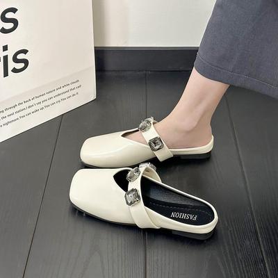 Fashion Rhinestone Baotou Half Slippers Women Summer Outer Wear Flat Square Head Sandalias De Mujer Verano 2024 Casual Versatile Shoes