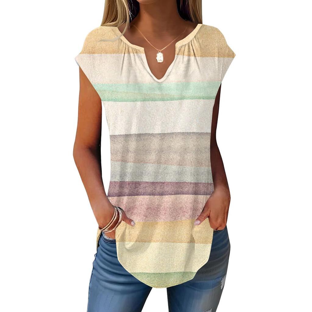 Summer Cap Sleeve T Shirts For Women Trendy Loose Casual Dressy V Neck Pleated Tunic Tank Tops