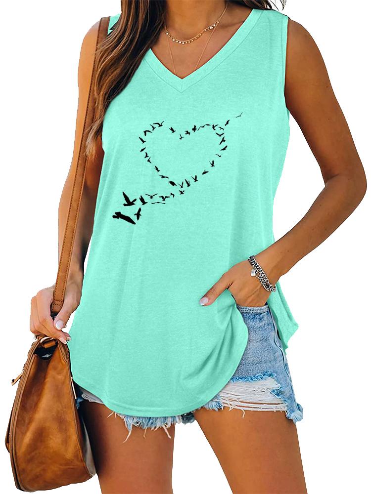 Women Fashion V Neck Printed Sleeveless Top Summer Casual Pullover Loose Tank Top