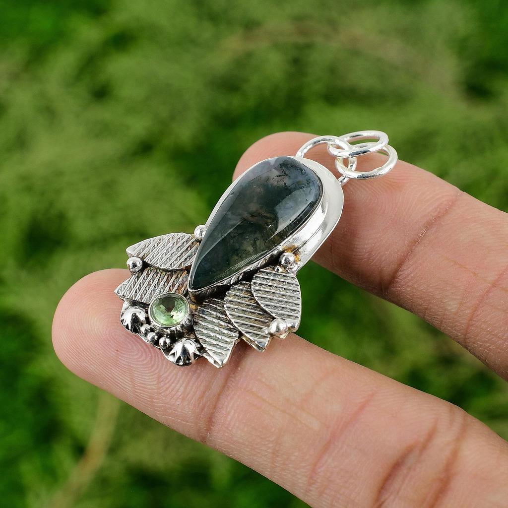 925 Silver Solar Moss Agate Gemstone Peridot Anniversary Bezel Pendant Jewelry