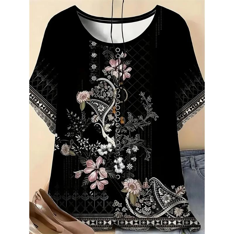 Fashion Women's Clothing Flower Short Sleeve Comfortable Short Sleeve Simple Crew Neck T-Shirt Crew Neck Short Sleeve 2D Flower Color Printing