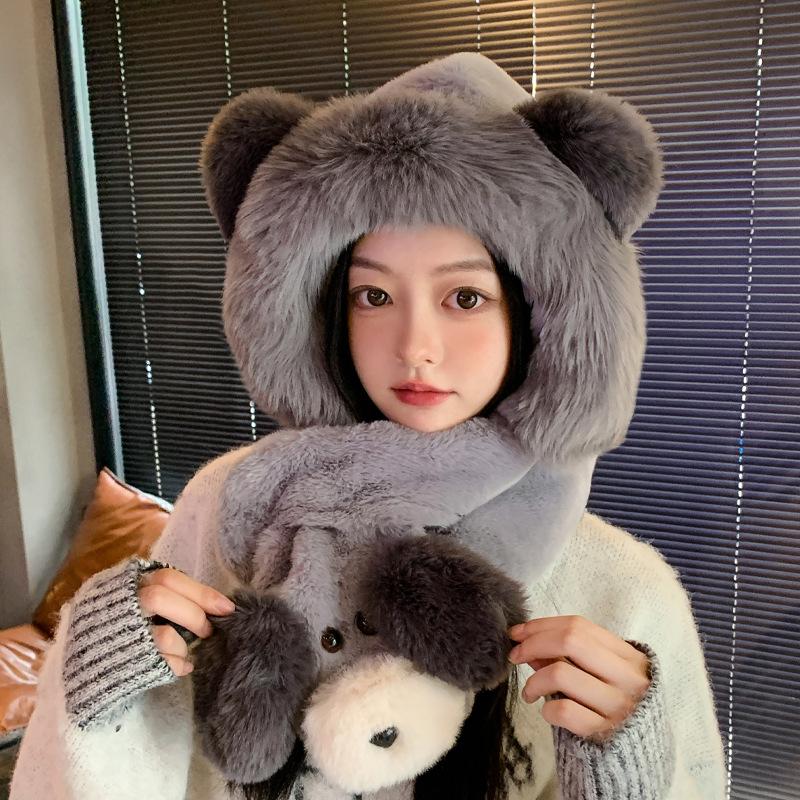 Winter Cute Plush Bear Scarf Integrated Hat Women's Fashion Cold Protection Ear Protection Cover