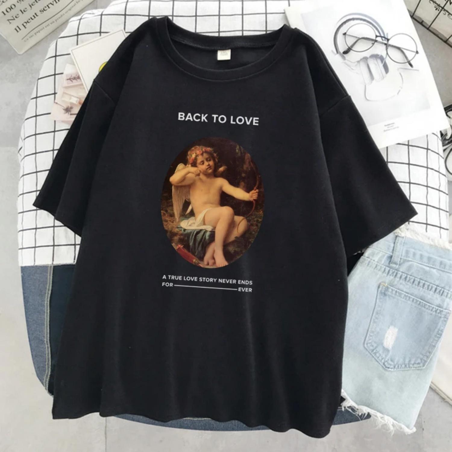 

Oil Painting Angel Vintage Printed Women T Shirt Summer Soft T-Shirt Simplicity Loose Tshirt 2024 New O-Neck Women s tops Casual S чёрный