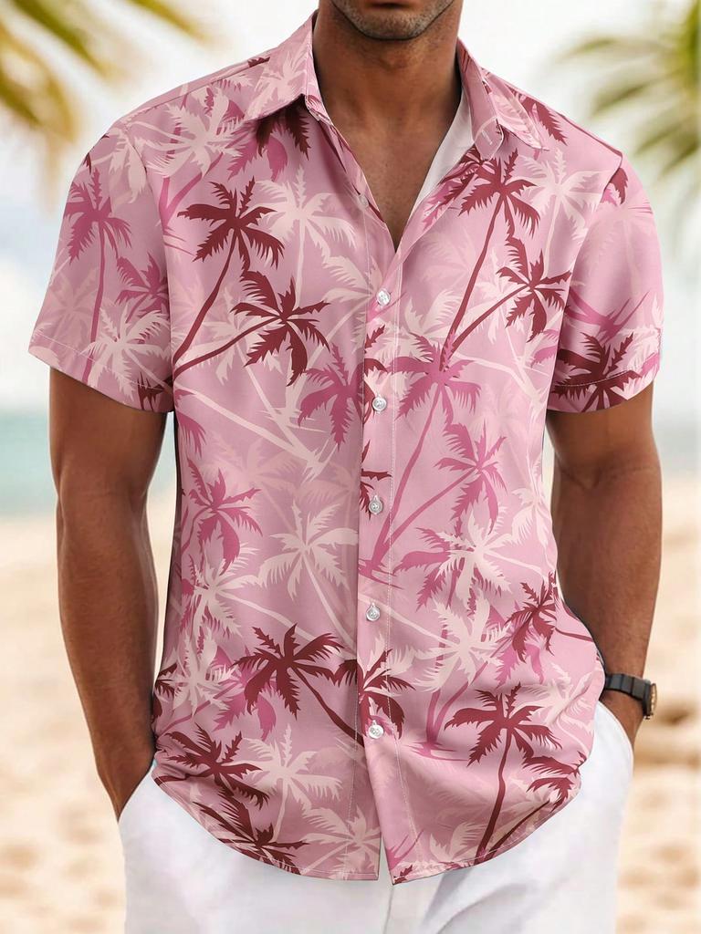 Beach essential! Hawaiian short-sleeve shirt with palm tree print, casual and stylish.