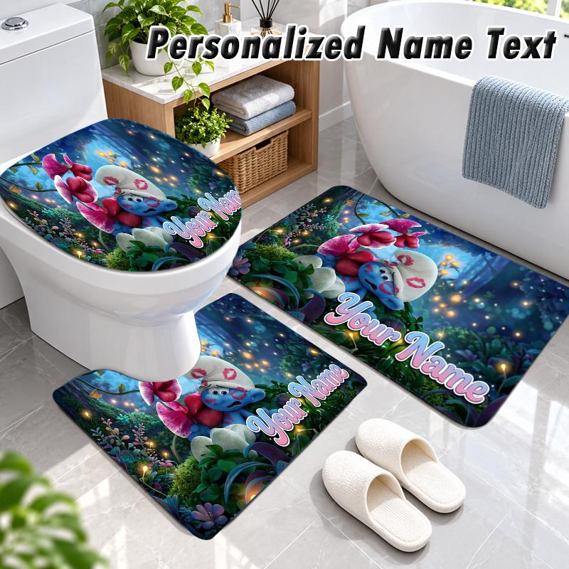Smurfs Custom Name 3Pcs Flannel Bathroom Mat Set Toilet Rug Personalized Bath Decor