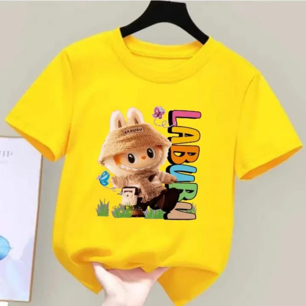 2025 Popular Children's T-shirt for Outdoor Outings LABUBU Printed Cartoon Style Round Neck Short Sleeved Cute Girl's Top