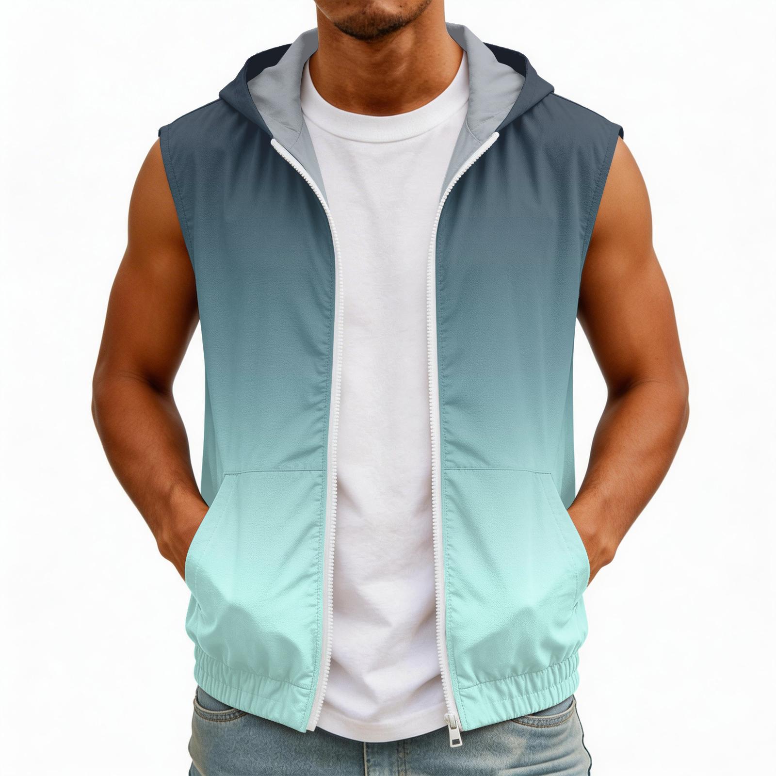 Men s Sleeveless Hooded Sun Protection Vest Lightweight Gradient Print Pocketed Outdoor Jacket for Summer UV Shield L