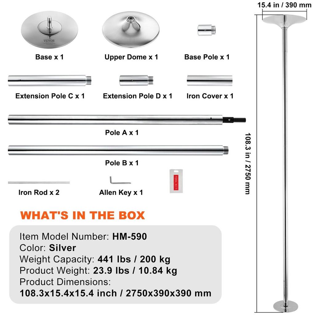 Professional Dancing Pole, Spinning Static Dancing Pole Kit, Portable Removable Pole, 45mm Heavy-Duty Stainless Steel Pole, Height Adjustable Fitness