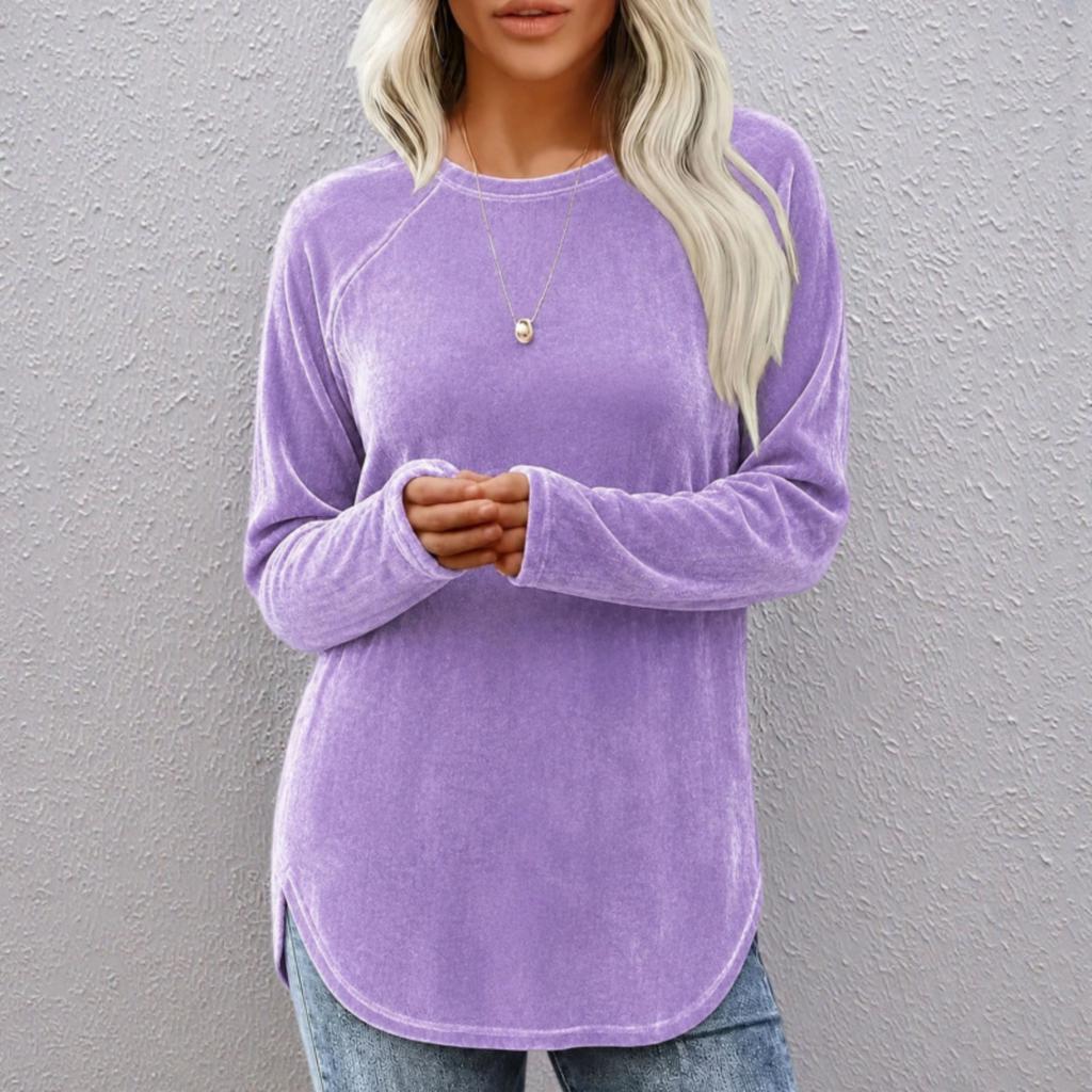 Women's Color Neck Long Sleeve Basic Pullover Top Retro