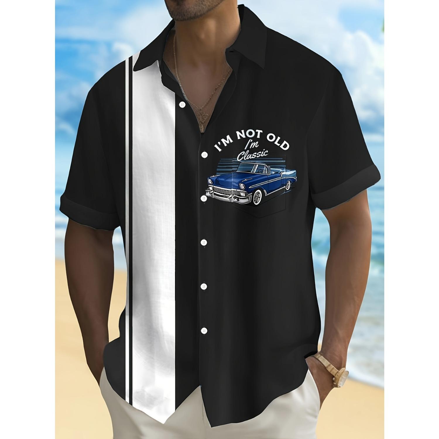 

Винтажная рубашка с контрастным полосатым принтом в виде старинного автомобиля, мужская рубашка больших размеров с карманом на пуговицах XL
