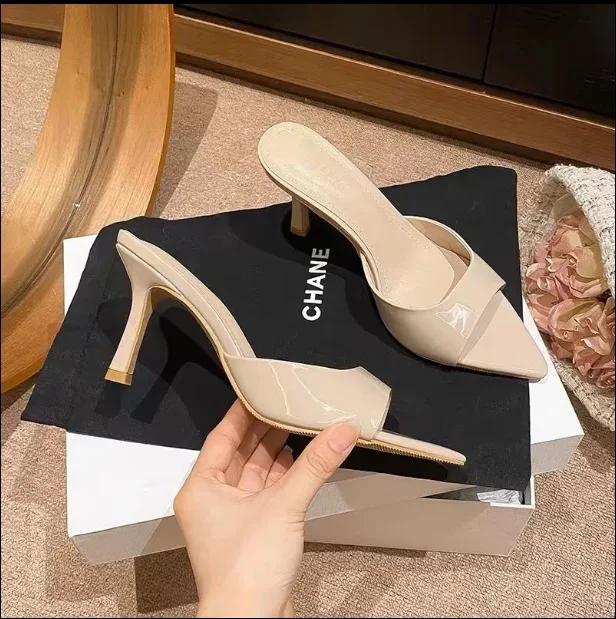 

2025 New Women s High Heel Slippers Thin Heels Pointed Toe Solid Slippers Women Dress Banquet Summer Concise Zapatillas De Mujer 34 абрикосовий