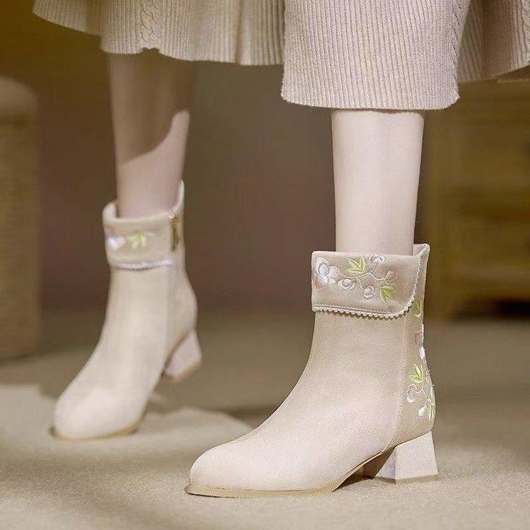 Autumn and winter versatile small fragrant style apricot velvet thickened thick heel retro style medium tube short boots ethnic style embroidered cott