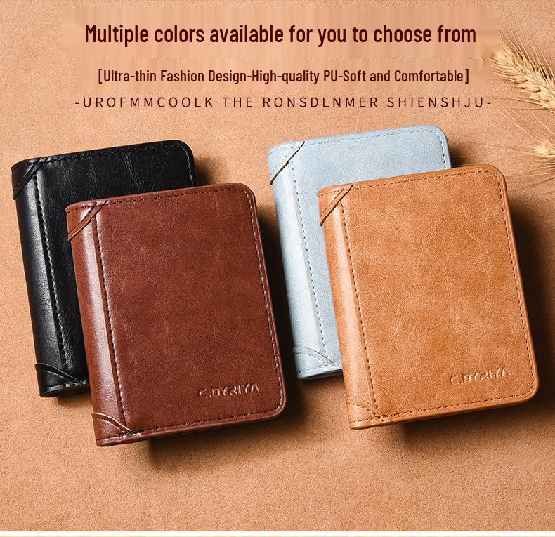 Men's Cross-Border Slim Tri-Fold Leather Wallet with ID and Card Holder