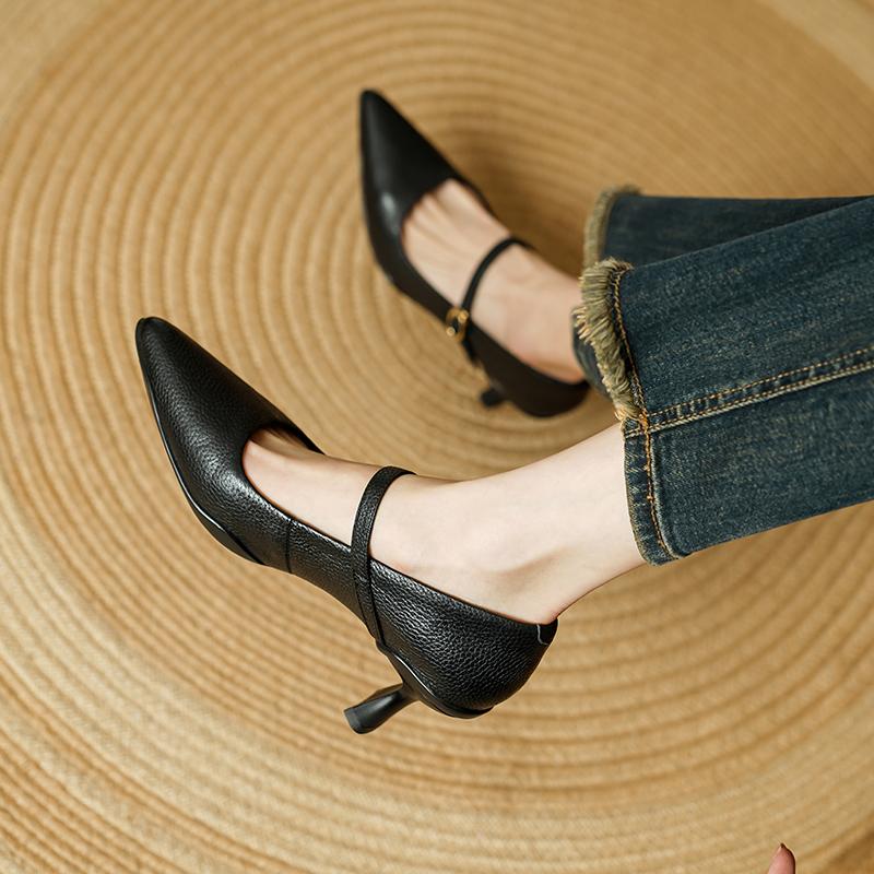 Fashion 2025 NEW Spring Women Pumps Pointed Toe Genuine Leather Shoes for Women Shallow Buckle Strap Mary Janes Modern High Heels Ladies