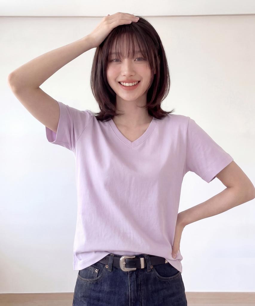 BASIC HOUSE Women'S V-Neck Stretch Slim Fit Short Sleeve T-Shirt Lavender Lats0204 (B Type)