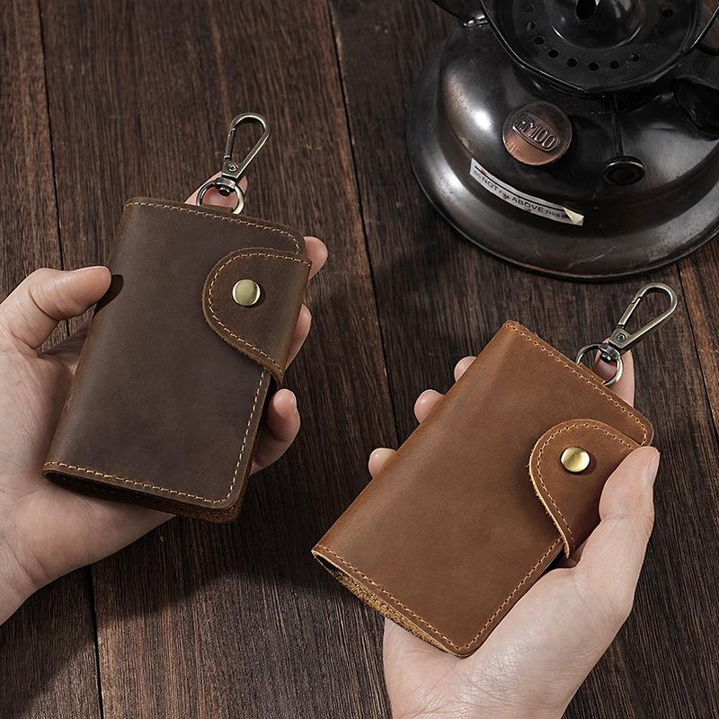 Universal Crazy Horse Leather Key Holder with Card Slot and Waist Buckle for Men and Women