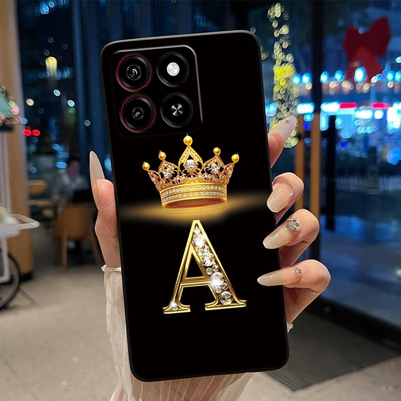 Cool Lucky A-Z Letter Phone Case For ZTE Blade A35/A55 Soft Silicone Black Case Shockproof Luxurious Glitter Crown Shell