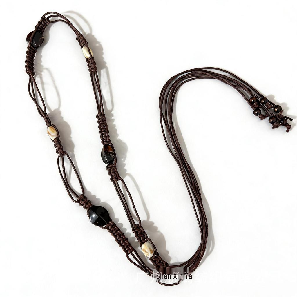 Bohemian Ethnic Handmade Woven Wax Cord Belt for Women: Decorative Waist Accessory for Dresses and Vacation Style.