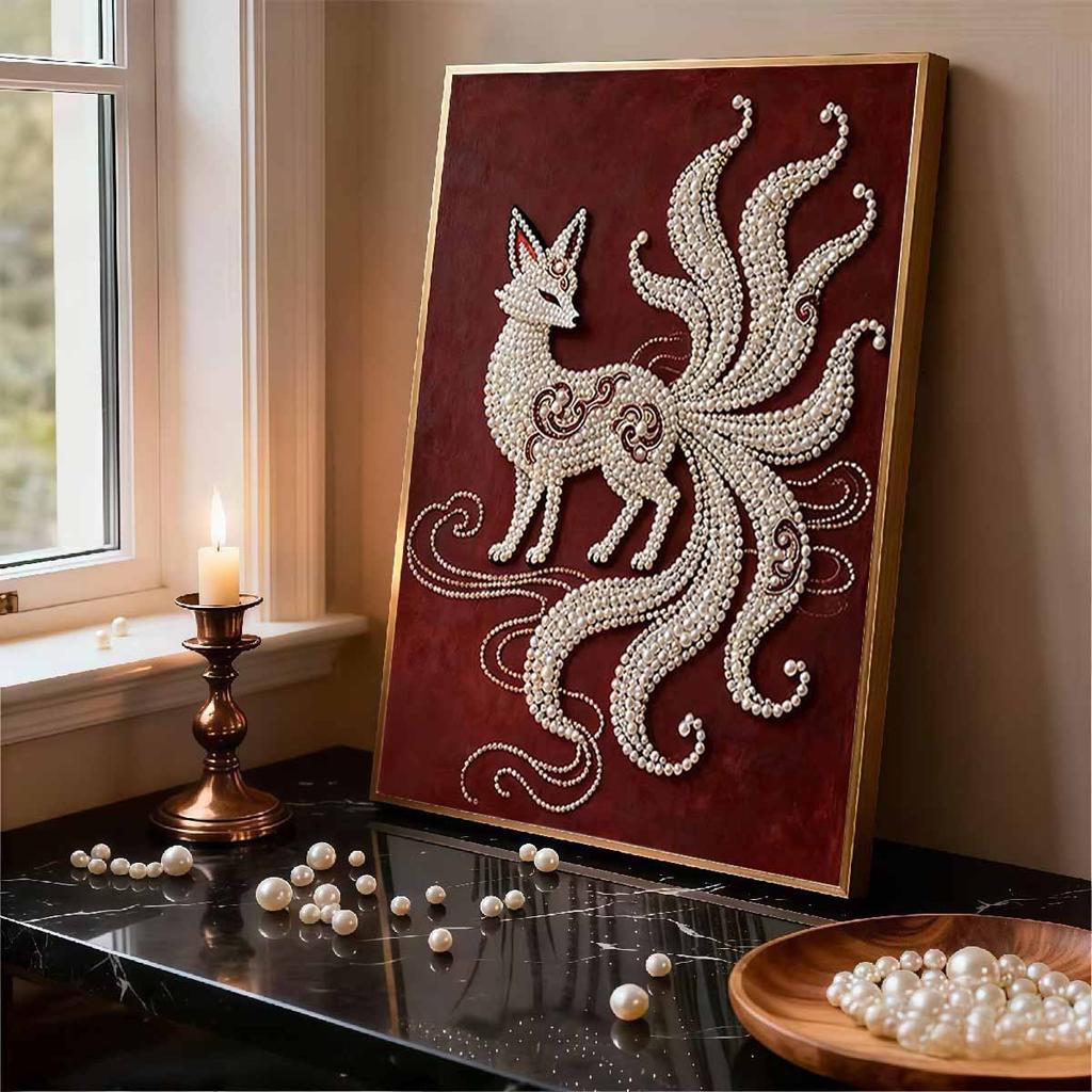 Pearl Nine-tailed Fox DIY Diamond Art Kits 15.7x19.6inch Gem Art Diamond Painting Kits Without Frame for Adults Gift Idea Home Wall Decor