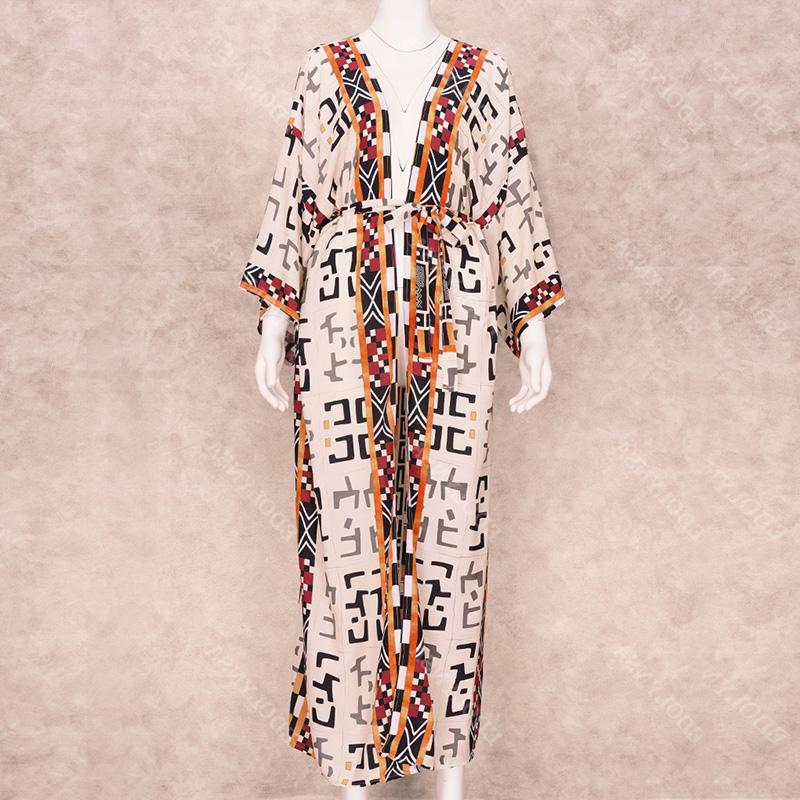 EDOLYNSA 2023 Boho Printed Bikini Cover-ups Elegant Self Belted Kimono Dress Tunic Women Plus Size Beach Wear Swim Suit Cover Up Q1228