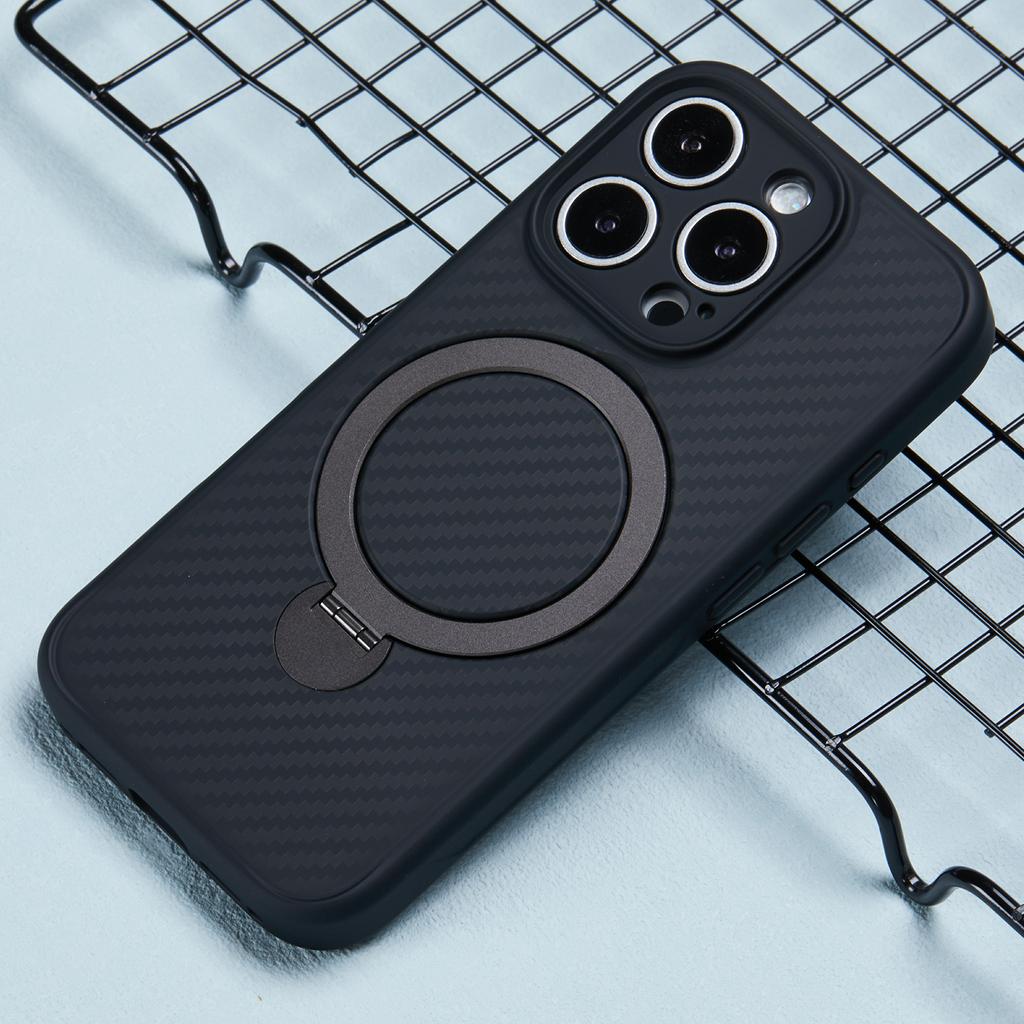 For iPhone 16 Pro Case Carbon Fiber Texture TPU+PC Phone Cover with Rotatable Magnetic Kickstand