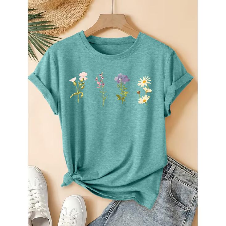 2026New Spring/Summer Women s Round Neck Fresh small floral print short sleeves T Shirt Vintage distressed casual top Soft Knit Fabric S павлин голубой