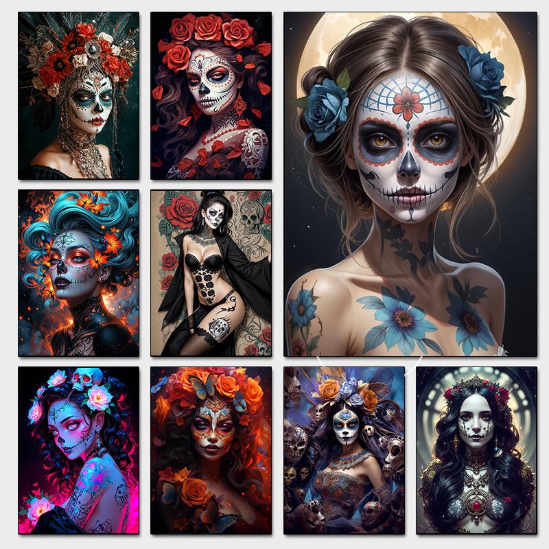 Terrifying Los Muertos Sugarskull Girl with Flowers Posters Day of the Dead Prints Canvas Printing Wall Pictures Home Room Decor